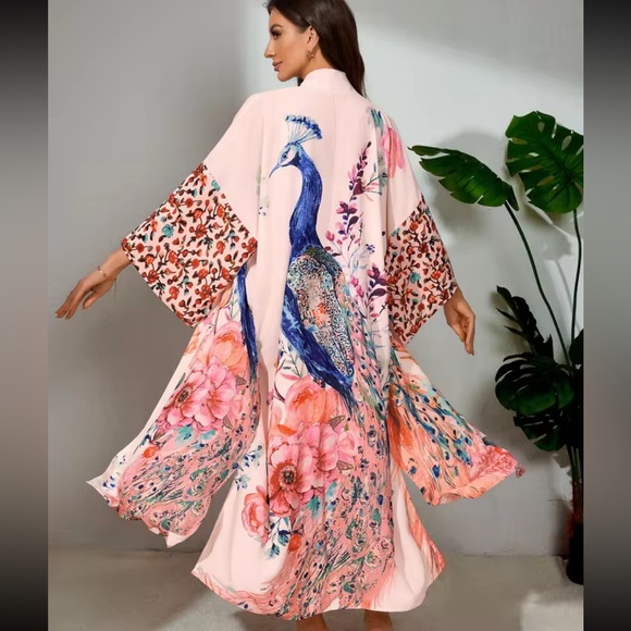 Other - Kimono cardigan floral boho blouse swimsuit cover up belt tie peacock wh…